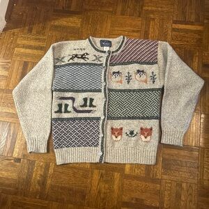 Vintage Woolrich Gray Wool Blend Cardigan Sweater Dog Fox Novelty